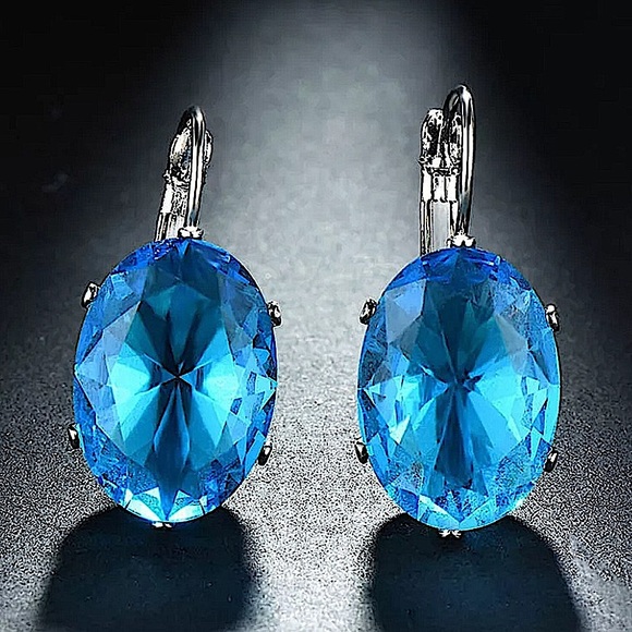 Aquamarine Zircon Oval Shaped White Gold Plated Earrings - Picture 1 of 5